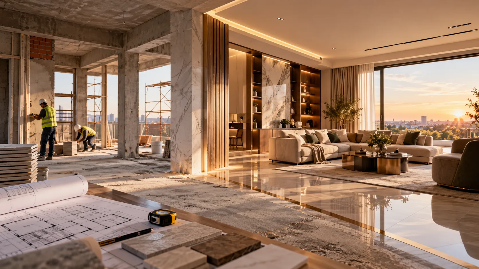 Eine Wohneinheit im Wandel vom Rohbau zum fertig ausgebauten, luxuriösen Wohnzimmer